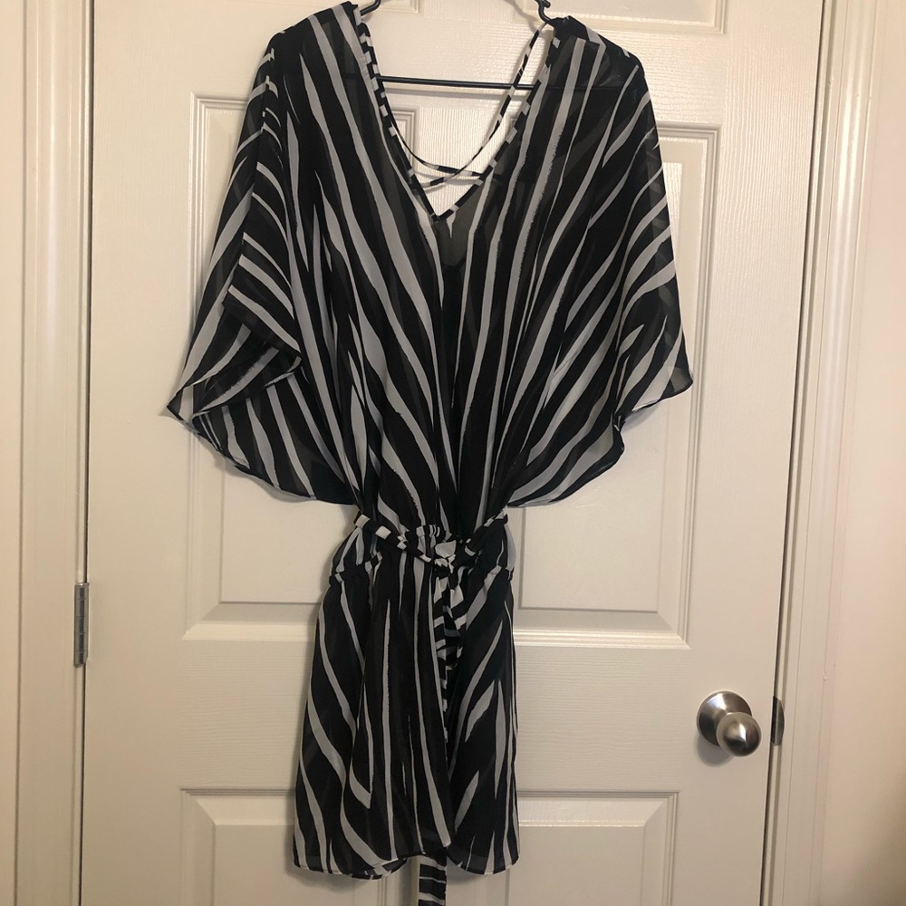 White House Black Market Black/White zebra striped sheer tunic